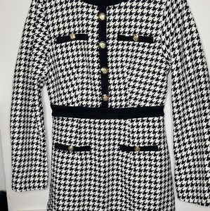 Button Front Zip Back Houndstooth Tweed Dress